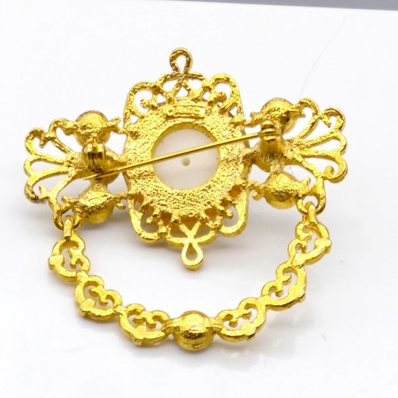AJC Pearl and Crystal Brooch, Vintage Gold Tone Regency Style, Swivel Drop - Picture 3 of 3